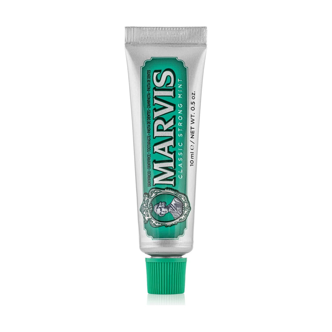 Marvis Classic Strong Mint 10ml mini toothpaste, a brushed silver tube with a green label, ribbed green cap and oval portrait, on white