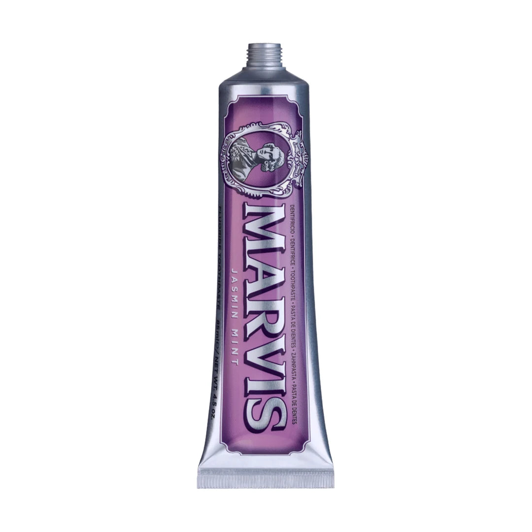 Upright Marvis Jasmin Mint toothpaste tube with the cap off, showing the violet label, silver lettering and portrait cameo