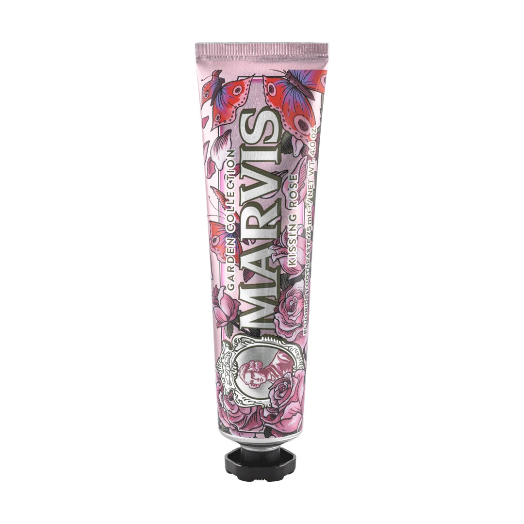 Pink Marvis Kissing Rose Garden Collection toothpaste tube printed with roses, butterflies and a silver cameo portrait, upright