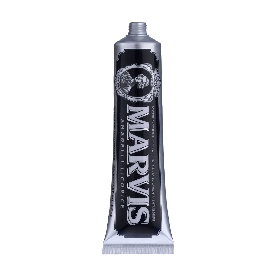 Marvis liquorice toothpaste tube without its cap, silver finish, black label, Marquis portrait and Amarelli Licorice lettering
