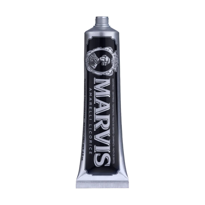 Marvis liquorice toothpaste tube without its cap, silver finish, black label, Marquis portrait and Amarelli Licorice lettering