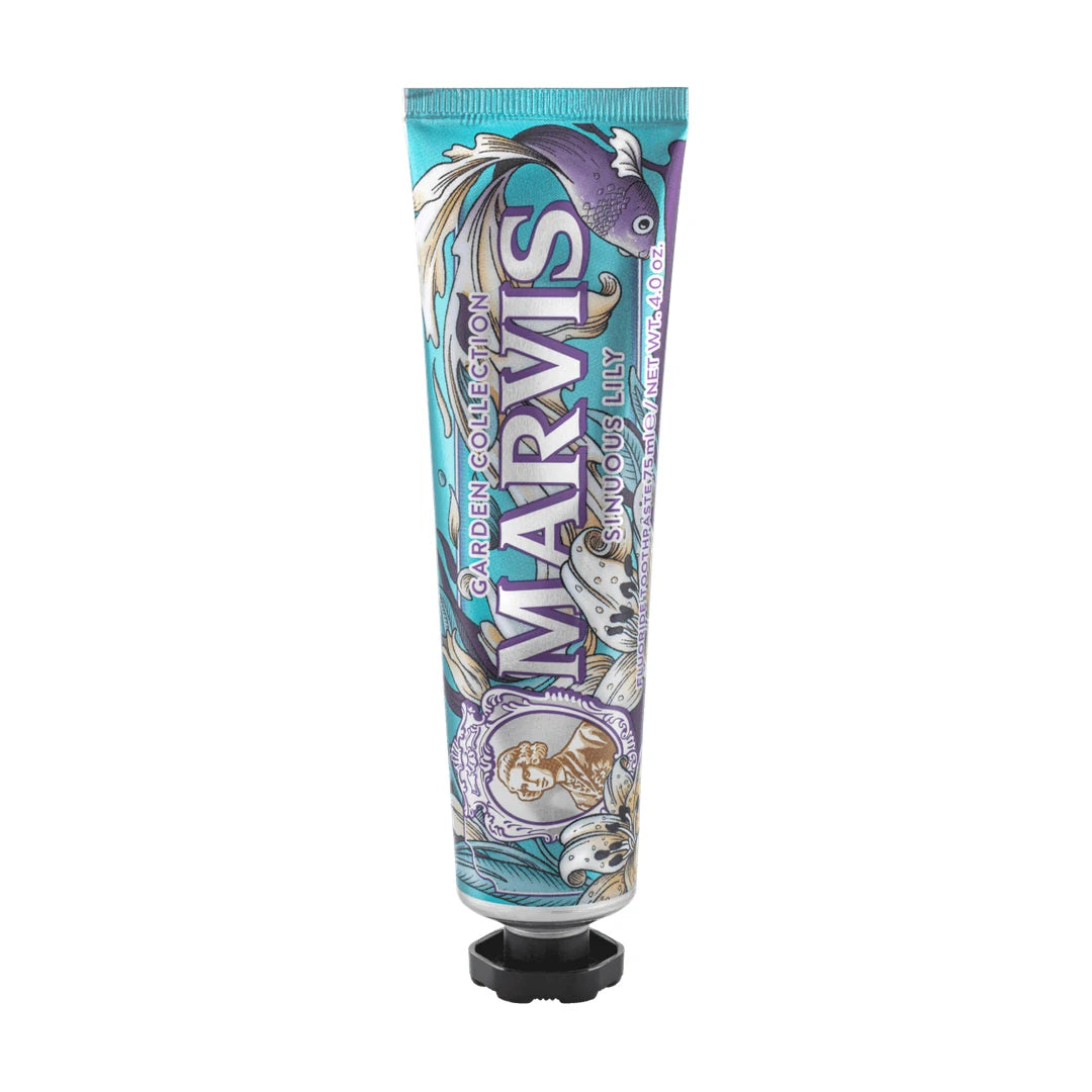 Teal Marvis Sinuous Lily Garden Collection tube standing upright, printed with a violet fish, cream lilies and a cameo portrait
