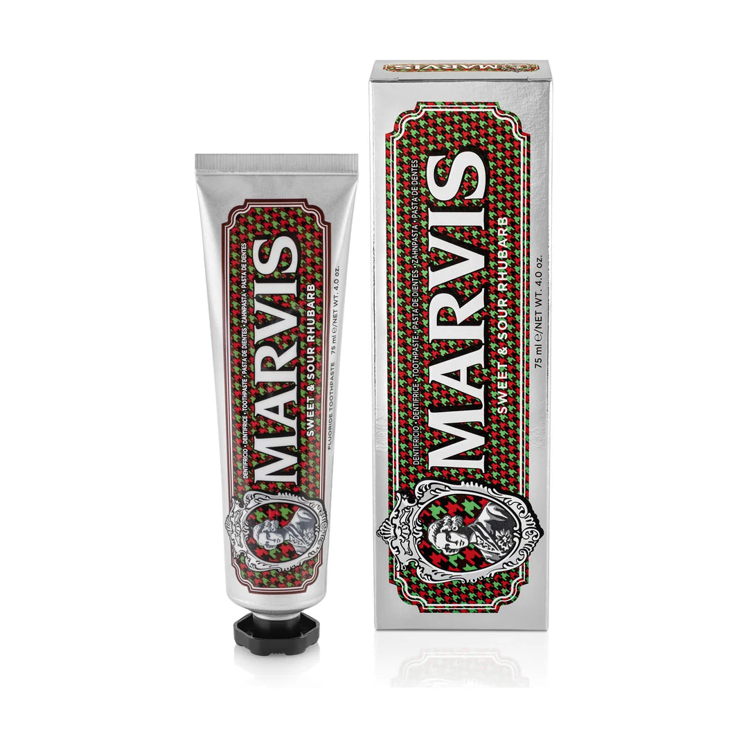 Marvis Sweet &amp; Sour Rhubarb toothpaste 75ml silver tube with a red and green houndstooth label and black cap beside its silver carton