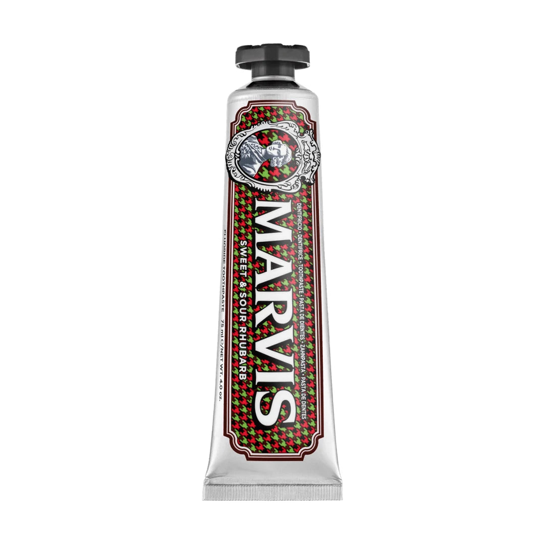 Marvis Sweet &amp; Sour Rhubarb toothpaste tube standing cap up, showing the Marquis portrait on a red and green houndstooth label