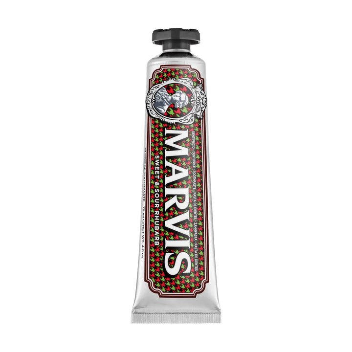 Marvis Sweet &amp; Sour Rhubarb toothpaste tube standing cap up, showing the Marquis portrait on a red and green houndstooth label