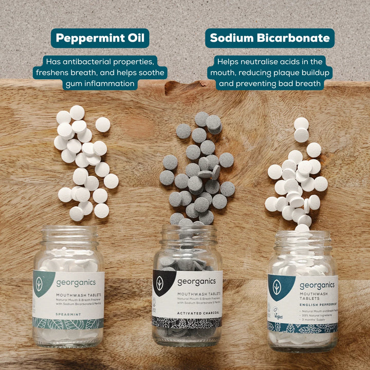 Three glass jars of Geororganics mouthwash tablets labeled Peppermint Oil, Sodium Bicarbonate, and Antacid Chewable, arranged on a wooden surface with white and gray tablets spilled above each jar and explanatory text callouts.