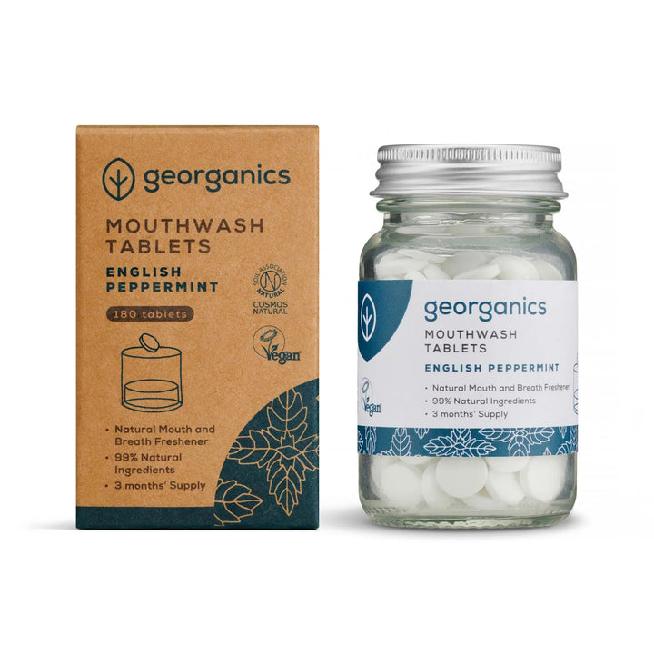 Georganics mouthwash tablets packaging with jar and box on a white background