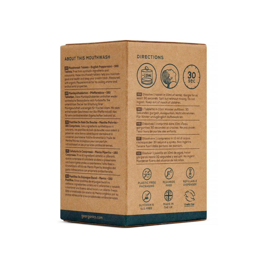 The back of a square cardboard box for Paragon mouthwash, showing printed instructions and product details on a plain white background.