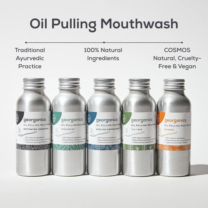 The Georganics oil pulling mouthwash range — Activated Charcoal, Spearmint, English Peppermint, Tea Tree and Orange — COSMOS Natural, cruelty-free and vegan.