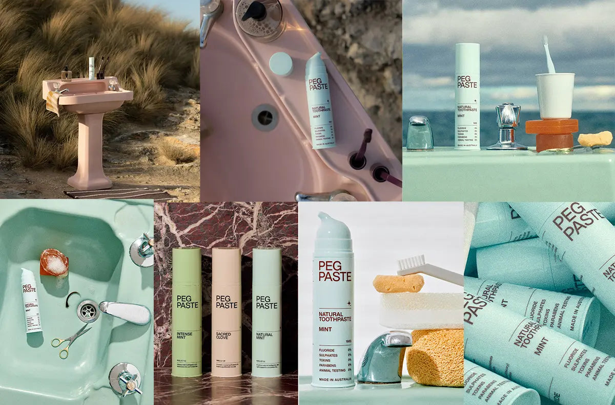 Collage of Peg Paste toothpaste with various settings including a sink, beach, and bathroom.