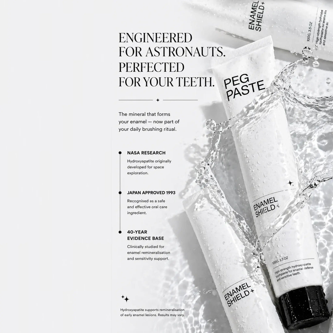 Enamel Shield toothpaste tubes with text about NASA research and enamel formation.