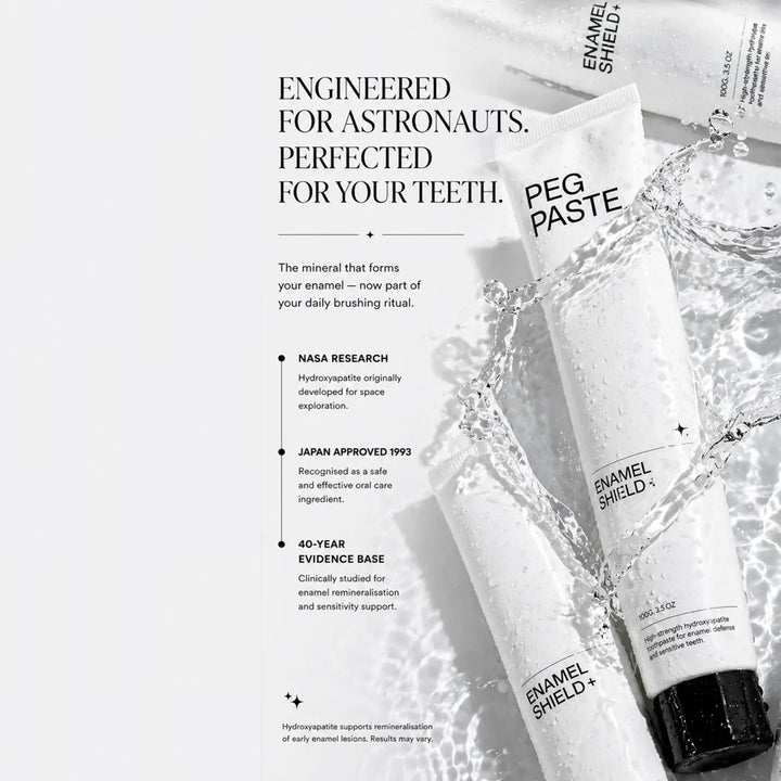 Enamel Shield toothpaste tubes with text about NASA research and enamel formation.