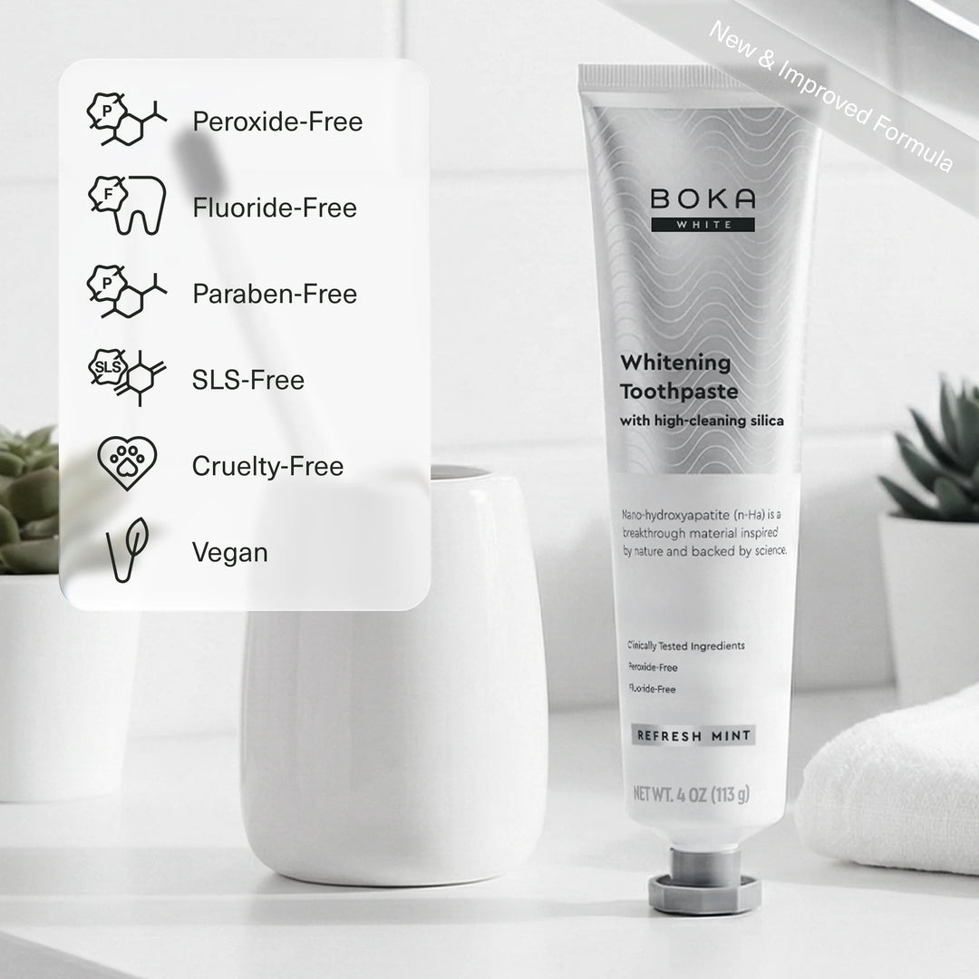 Boka Refresh Mint toothpaste tube with icons: peroxide-free, fluoride-free, paraben-free, SLS-free, cruelty-free, vegan