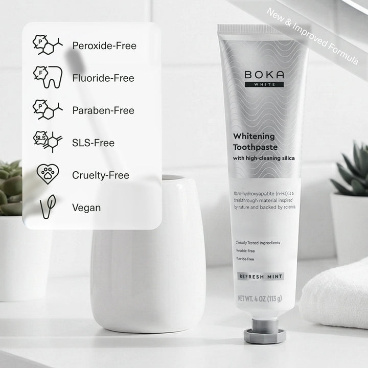 Boka Refresh Mint toothpaste tube with icons: peroxide-free, fluoride-free, paraben-free, SLS-free, cruelty-free, vegan