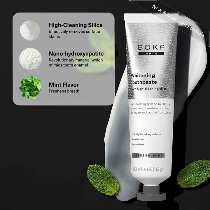 Boka Refresh Mint toothpaste key ingredients: high-cleaning silica, nano-hydroxyapatite and mint flavour