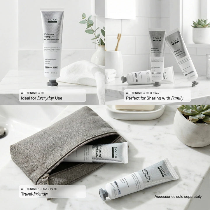 Boka whitening toothpaste range on a bathroom counter: full-size tube, 3-pack and travel-size 2-pack