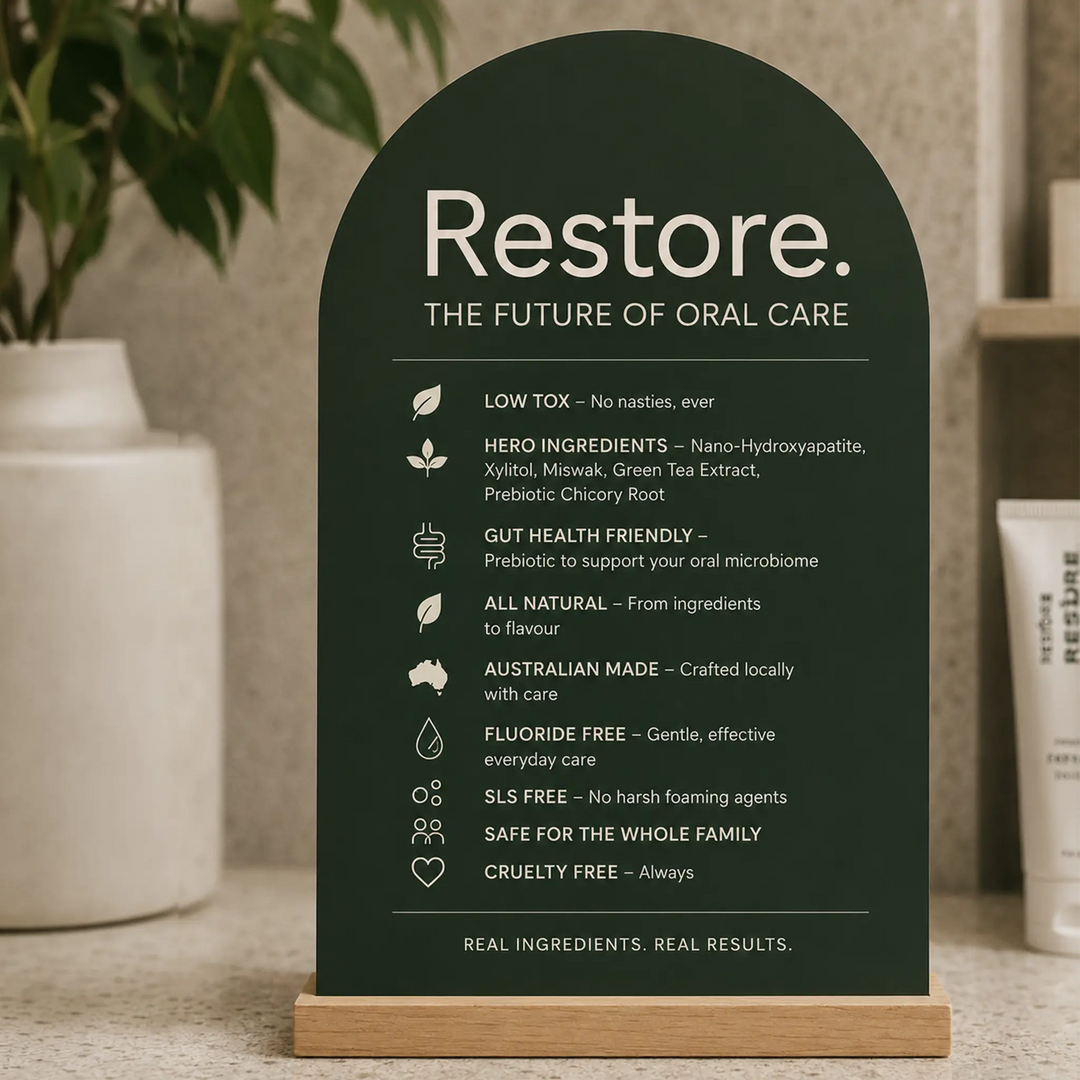 Restore Green Mint nano-hydroxyapatite toothpaste — fluoride-free, SLS-free Australian-made oral care with 15.5% nanoXIM™.