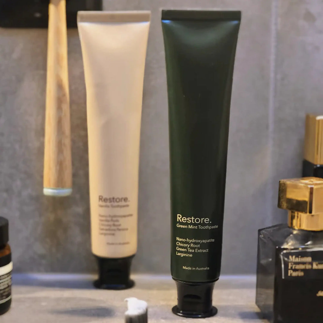 Restore Green Mint nano-hydroxyapatite toothpaste — fluoride-free, SLS-free Australian-made oral care with 15.5% nanoXIM™.