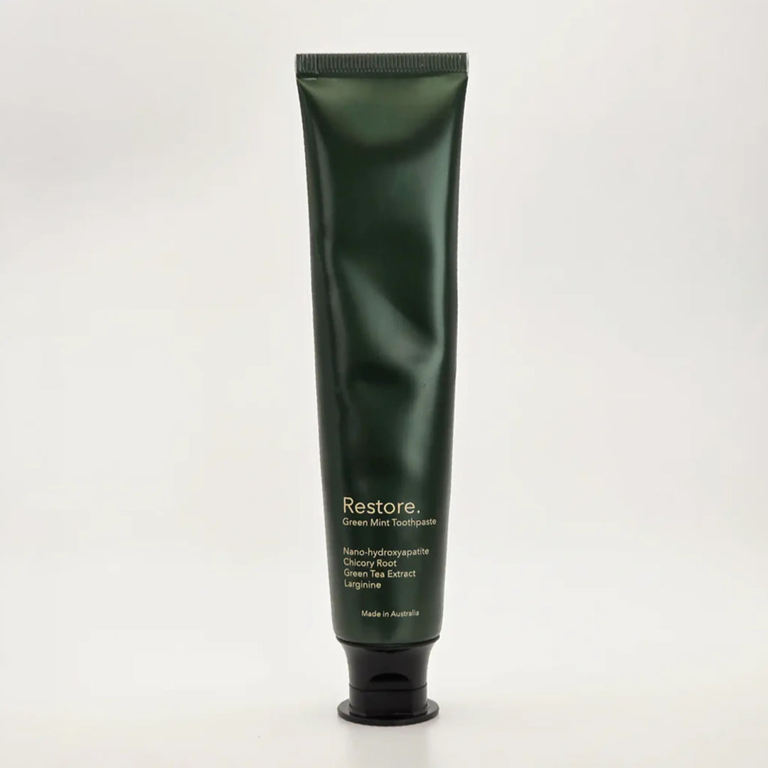 Restore Green Mint nano-hydroxyapatite toothpaste — fluoride-free, SLS-free Australian-made oral care with 15.5% nanoXIM™.