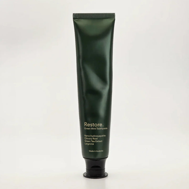 Restore Green Mint nano-hydroxyapatite toothpaste — fluoride-free, SLS-free Australian-made oral care with 15.5% nanoXIM™.