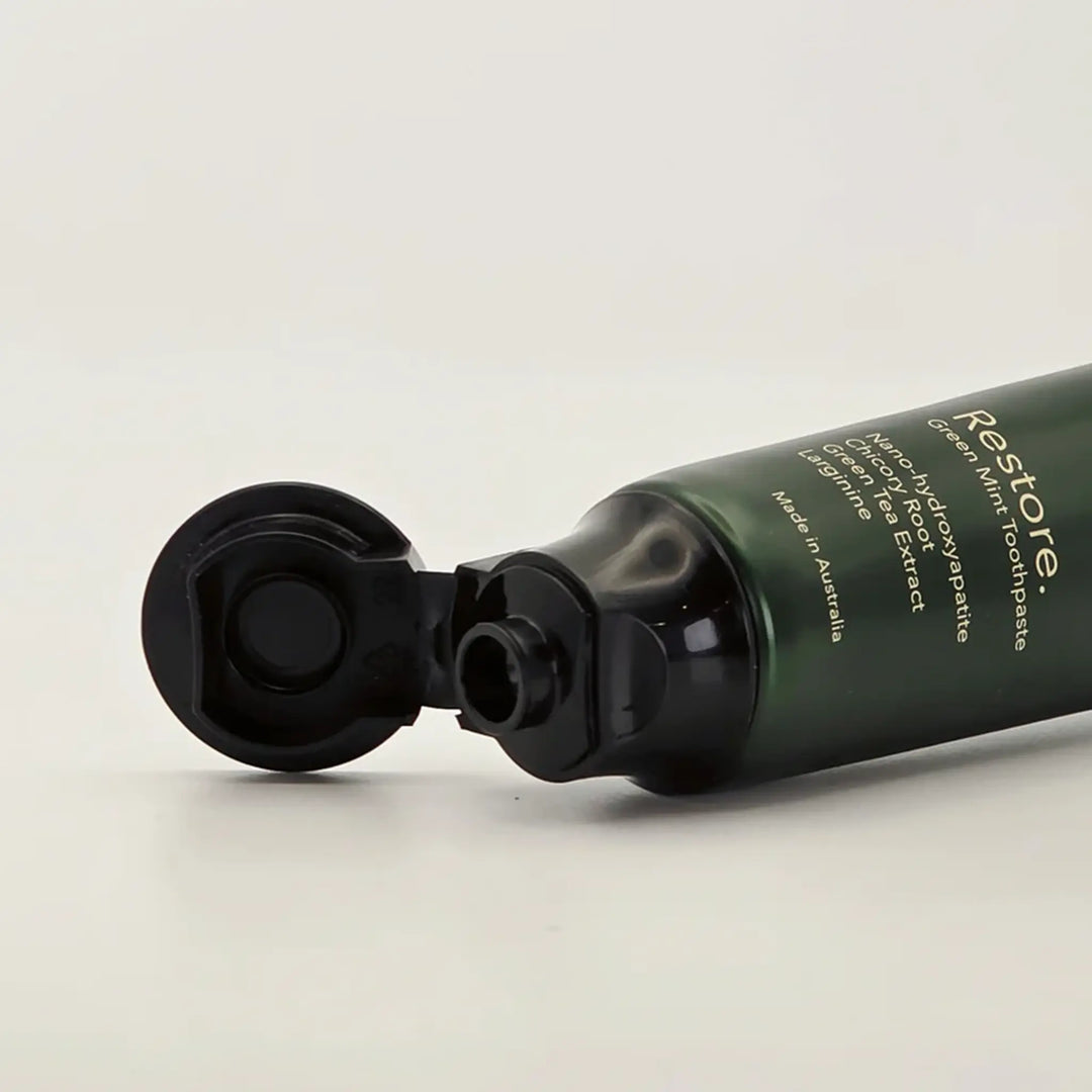 Restore Green Mint nano-hydroxyapatite toothpaste — fluoride-free, SLS-free Australian-made oral care with 15.5% nanoXIM™.