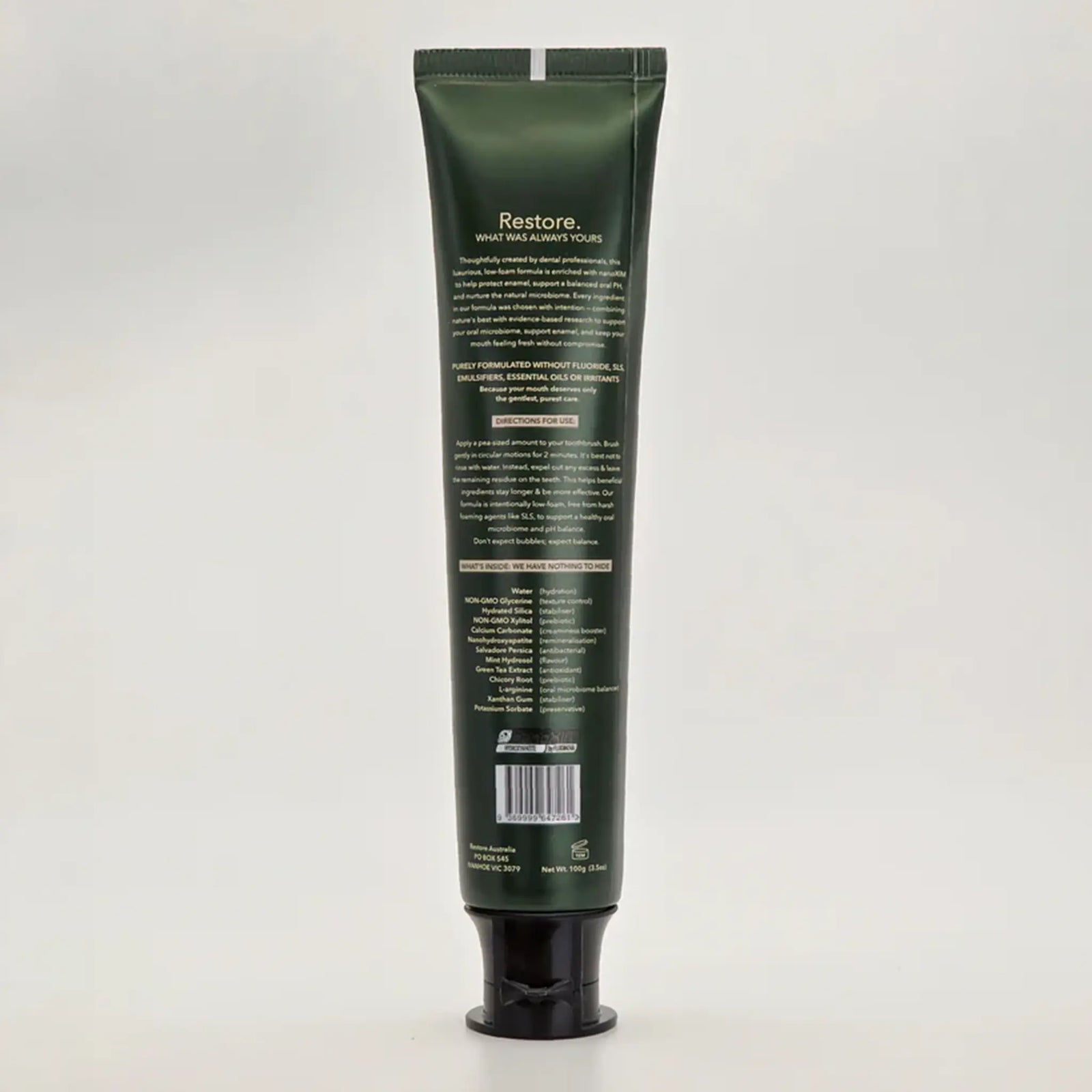 Restore Green Mint nano-hydroxyapatite toothpaste — fluoride-free, SLS-free Australian-made oral care with 15.5% nanoXIM™.