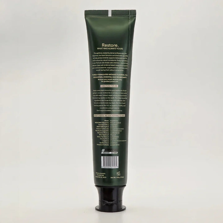 Restore Green Mint nano-hydroxyapatite toothpaste — fluoride-free, SLS-free Australian-made oral care with 15.5% nanoXIM™.