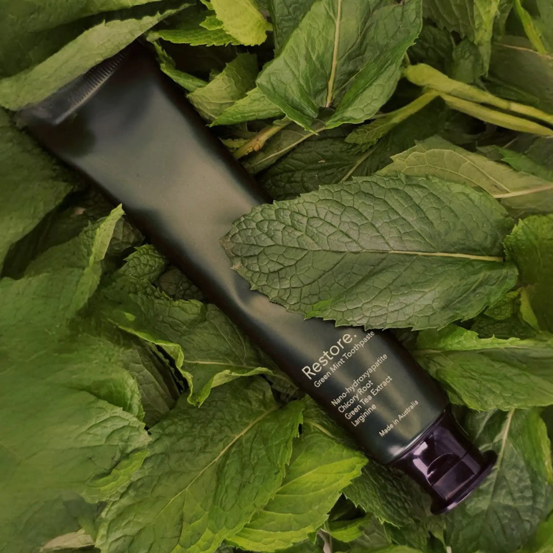 Restore Green Mint nano-hydroxyapatite toothpaste — fluoride-free, SLS-free Australian-made oral care with 15.5% nanoXIM™.