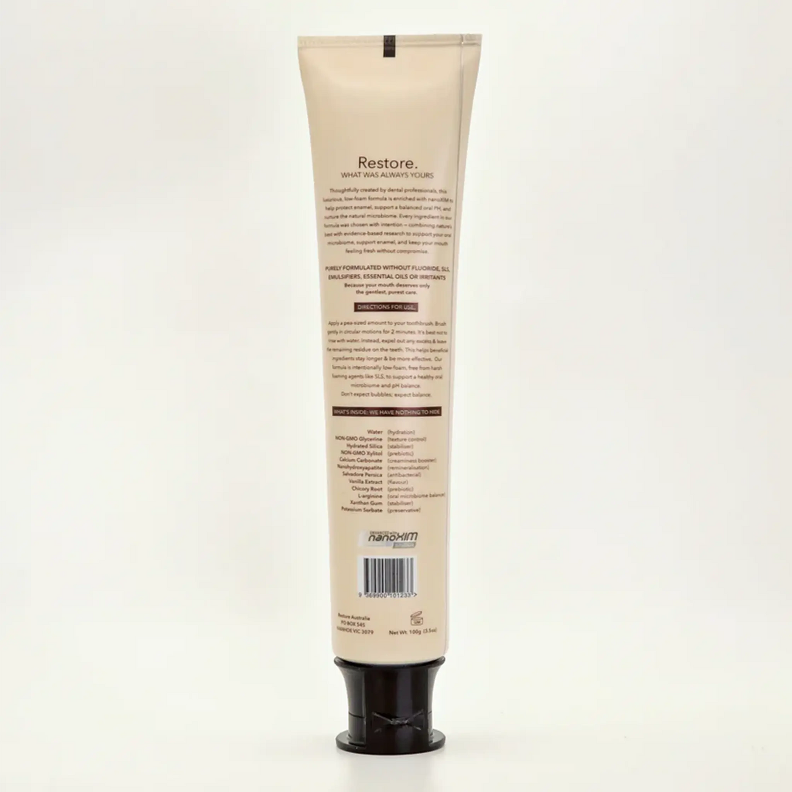 Restore Vanilla nano-hydroxyapatite toothpaste — fluoride-free, SLS-free Australian-made oral care with nanoXIM™, xylitol and prebiotics.