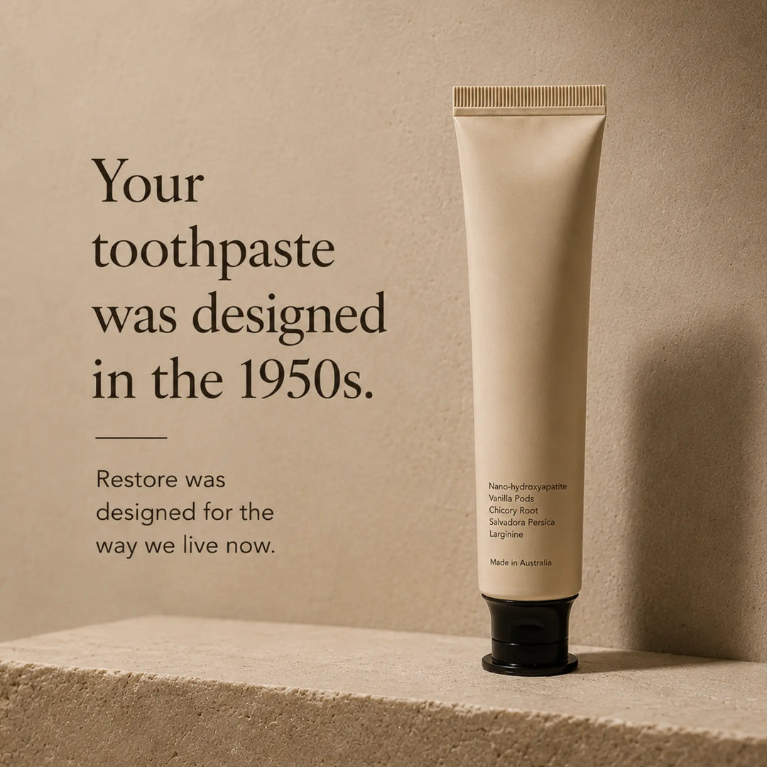 Restore Vanilla nano-hydroxyapatite toothpaste — fluoride-free, SLS-free Australian-made oral care with nanoXIM™, xylitol and prebiotics.