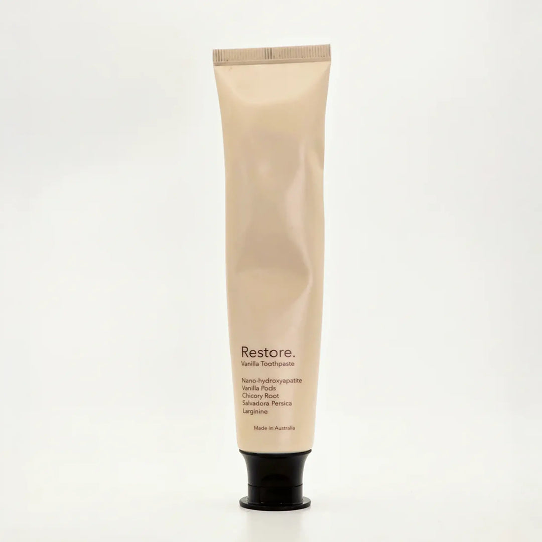 Restore Vanilla nano-hydroxyapatite toothpaste — fluoride-free, SLS-free Australian-made oral care with nanoXIM™, xylitol and prebiotics.