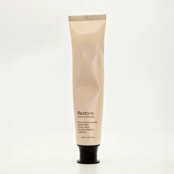 Restore Vanilla nano-hydroxyapatite toothpaste — fluoride-free, SLS-free Australian-made oral care with nanoXIM™, xylitol and prebiotics.