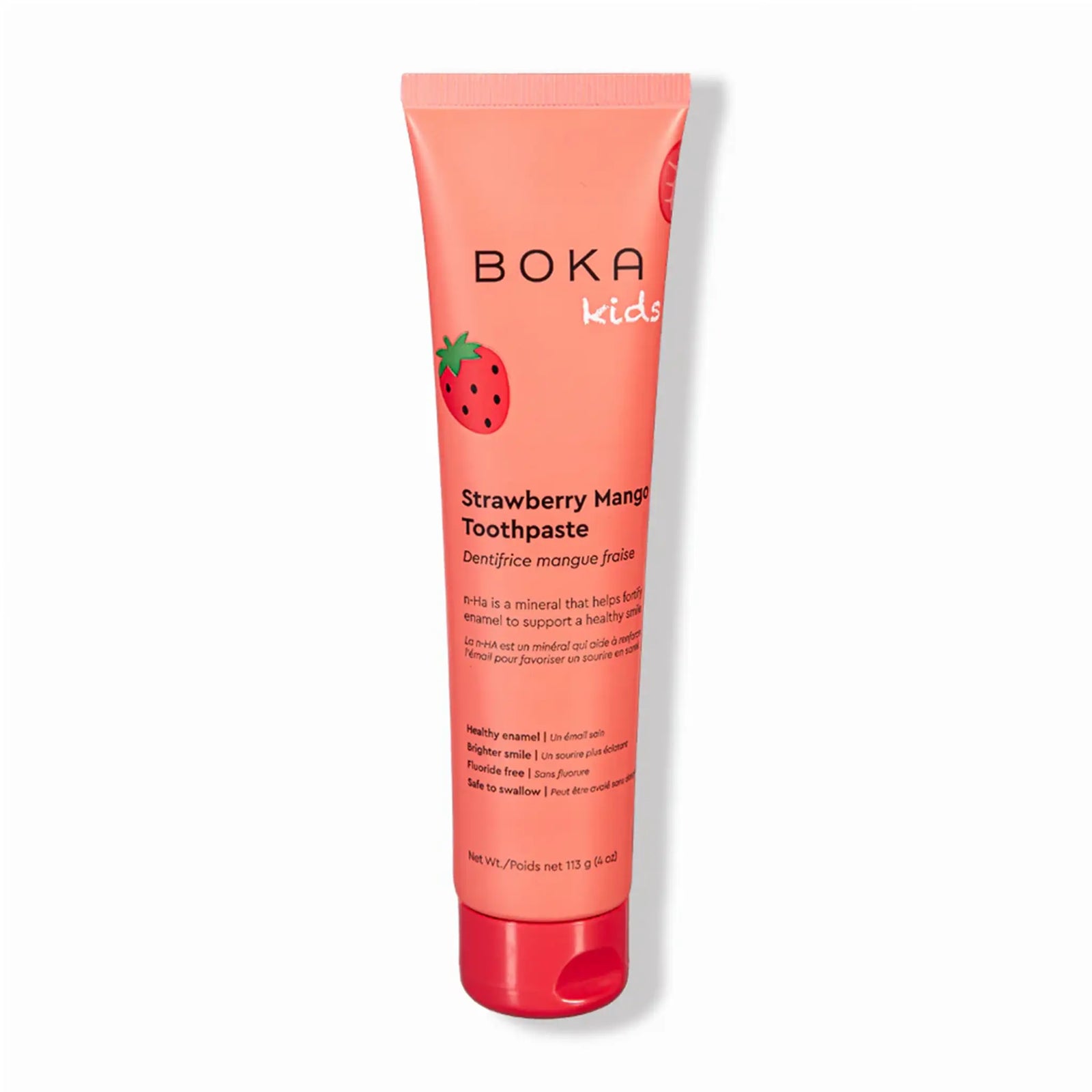 Boka Kids Strawberry Mango nano-hydroxyapatite toothpaste 113g tube on a plain white background