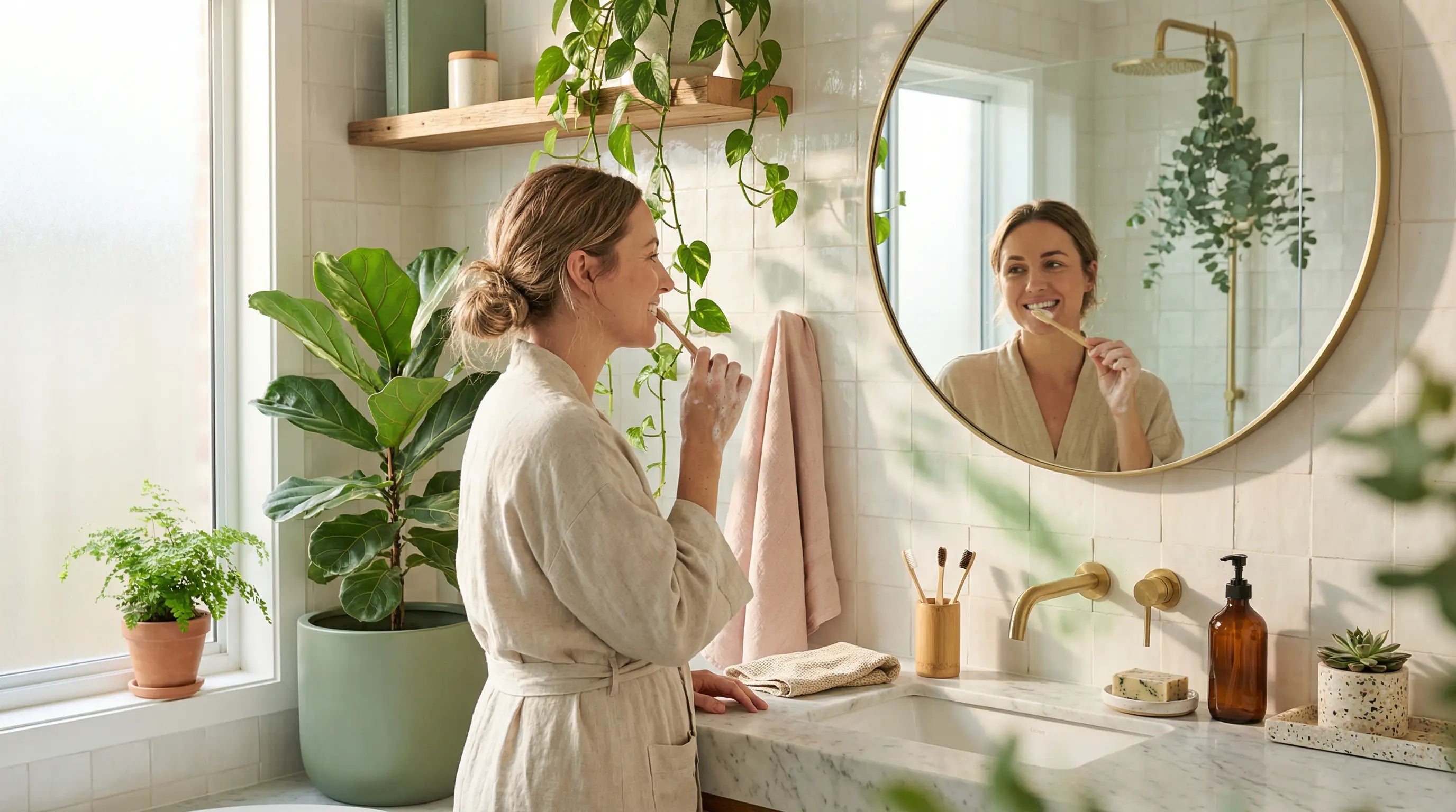 Woman brushing her teeth in a bathroom with plants and a mirror.