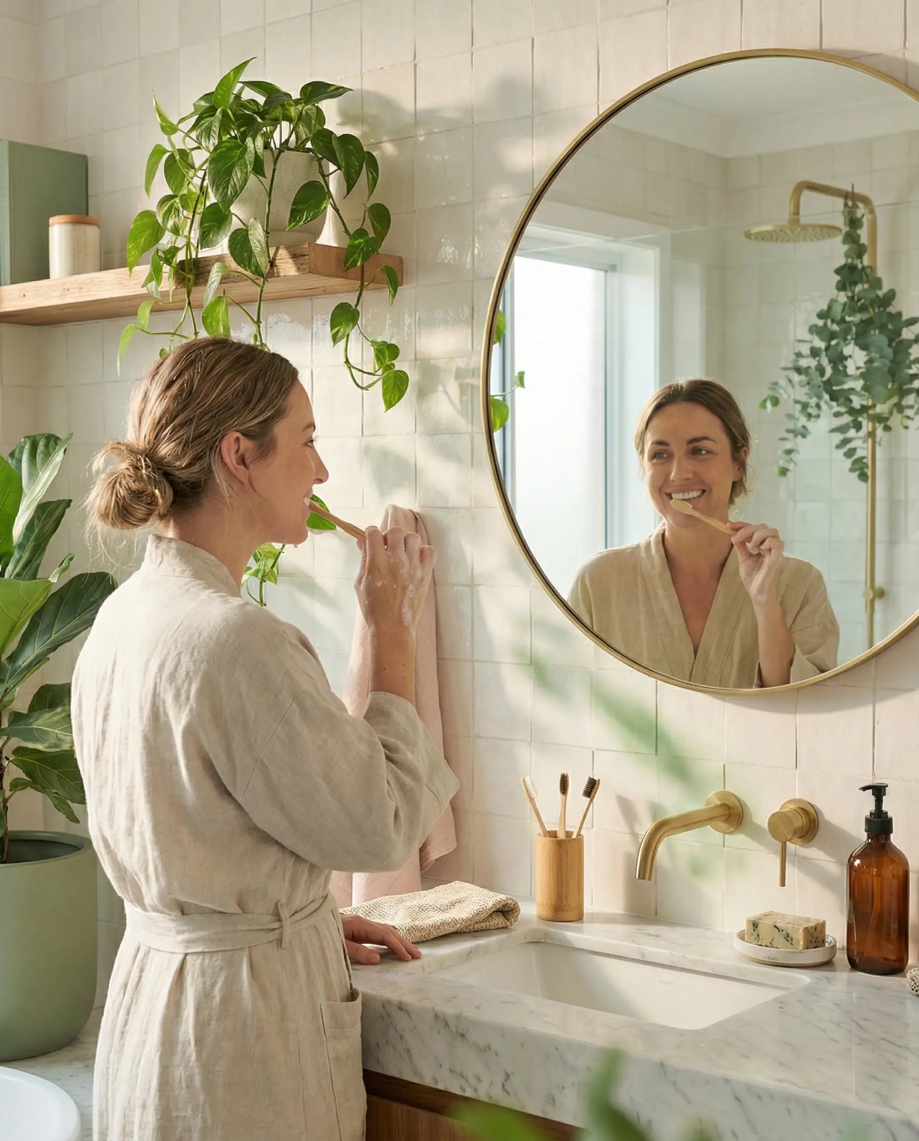 Woman brushing her teeth in a bathroom with plants and a round mirror.