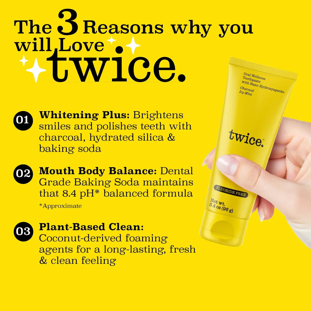 Twice Charcoal Icy Mint toothpaste with activated charcoal squeezed onto a soft-bristle toothbrush