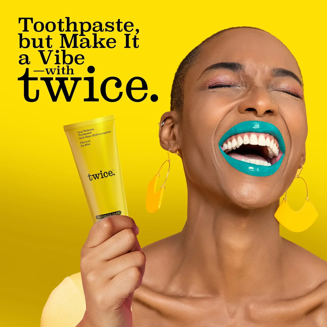 Twice Charcoal Icy Mint toothpaste features — natural whitening with charcoal and hydroxyapatite