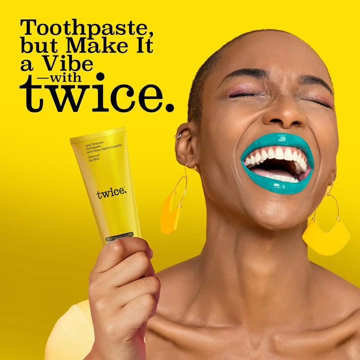 Twice Charcoal Icy Mint toothpaste features — natural whitening with charcoal and hydroxyapatite