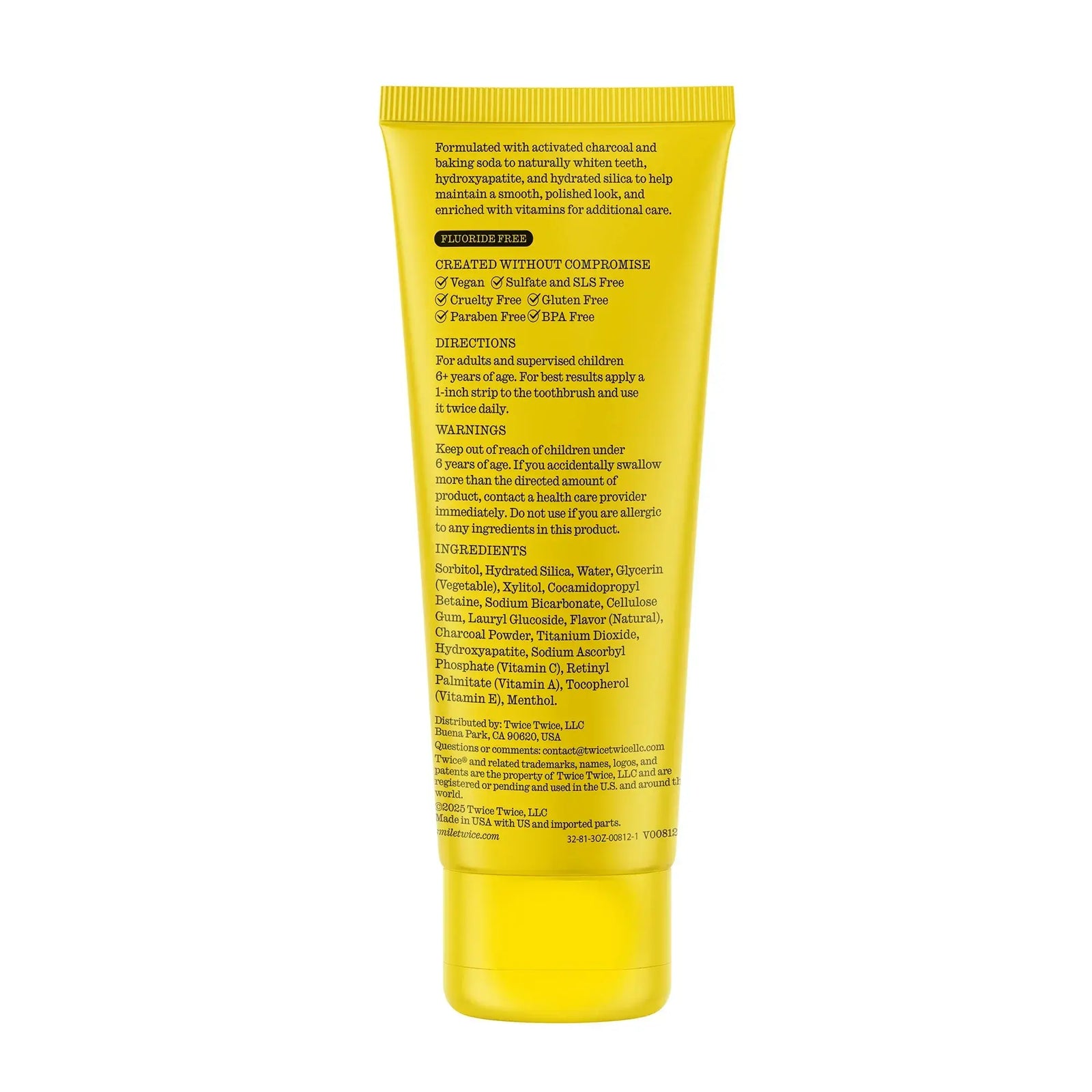Twice Charcoal Icy Mint toothpaste — back panel showing fluoride-free, SLS-free, peroxide-free, vegan formulation