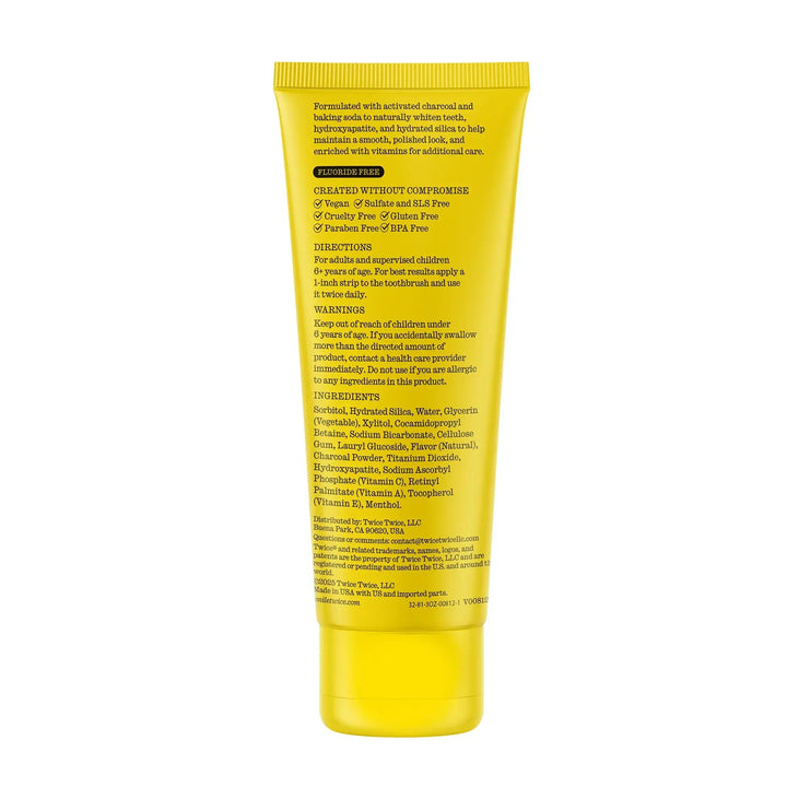Twice Charcoal Icy Mint toothpaste — back panel showing fluoride-free, SLS-free, peroxide-free, vegan formulation