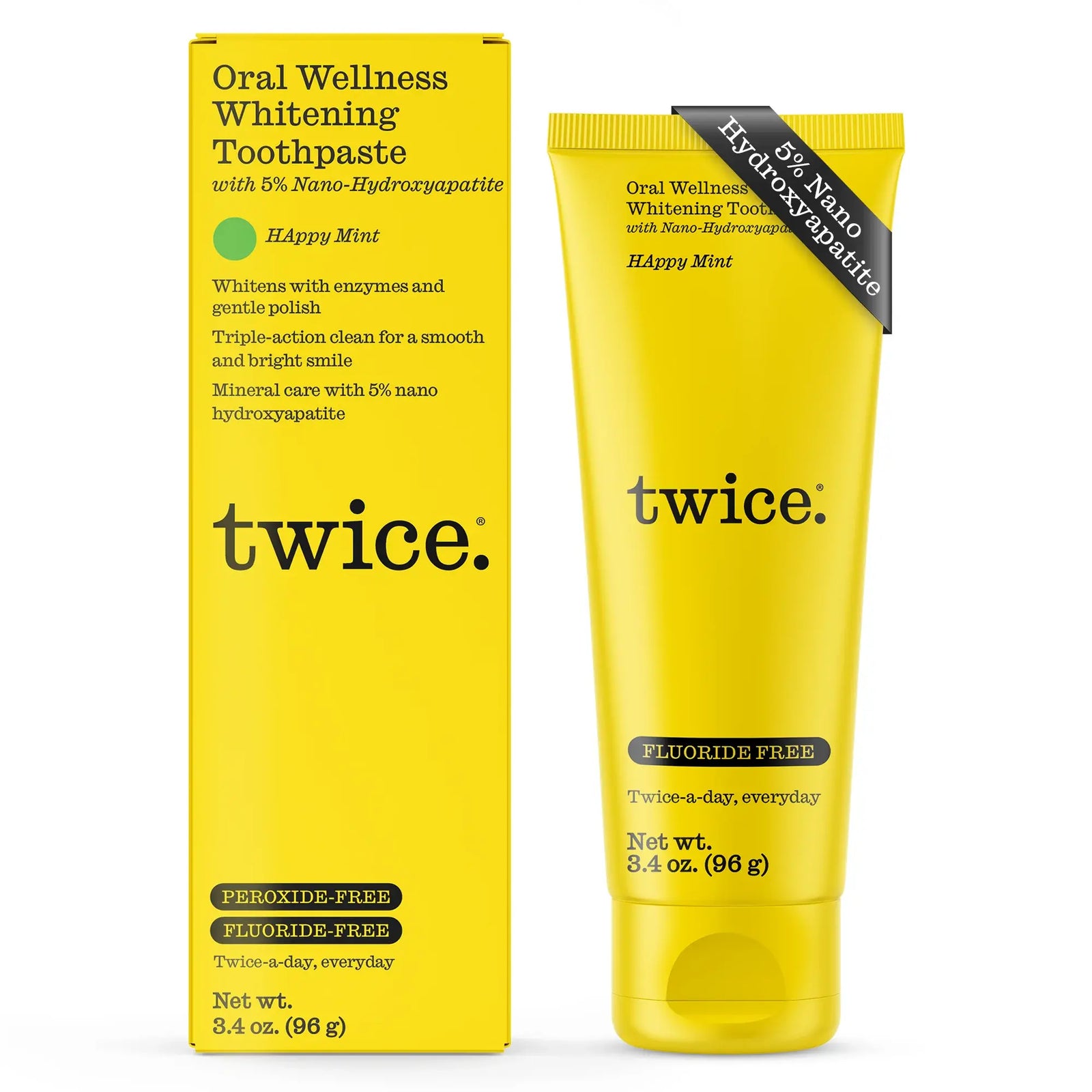Twice Happy Mint 5% nano-hydroxyapatite toothpaste 96g — fluoride-free, peroxide-free whitening with papaya and pineapple enzymes