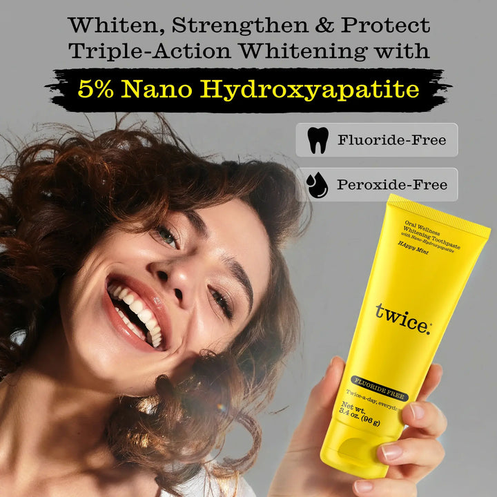 Twice Happy Mint toothpaste tube on clean white background — 3.4oz nano-hydroxyapatite formula