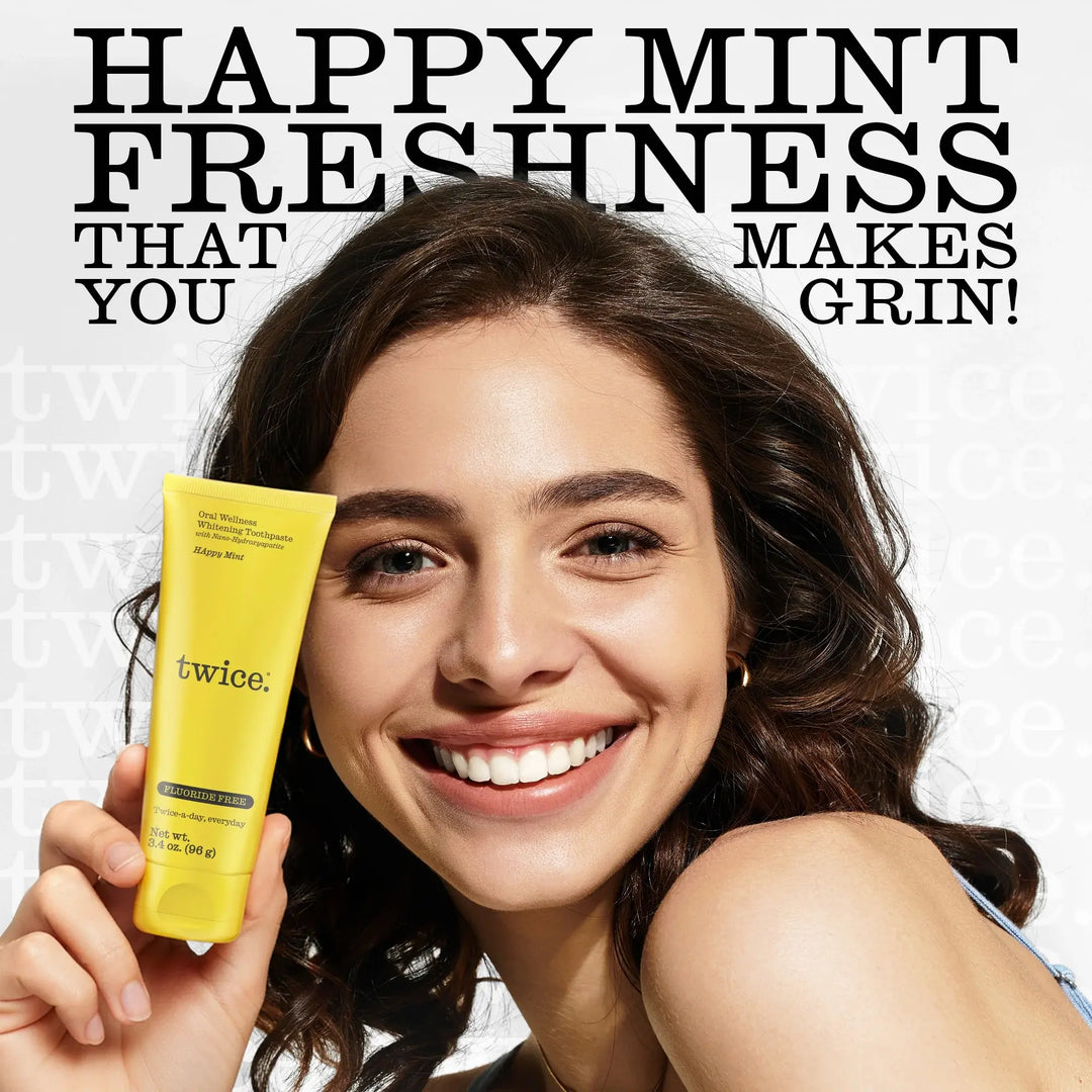 Twice Happy Mint toothpaste features — triple-action enzyme whitening with nano-hydroxyapatite