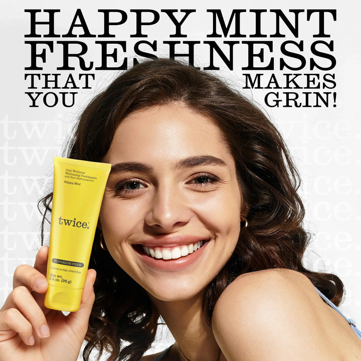 Twice Happy Mint toothpaste features — triple-action enzyme whitening with nano-hydroxyapatite