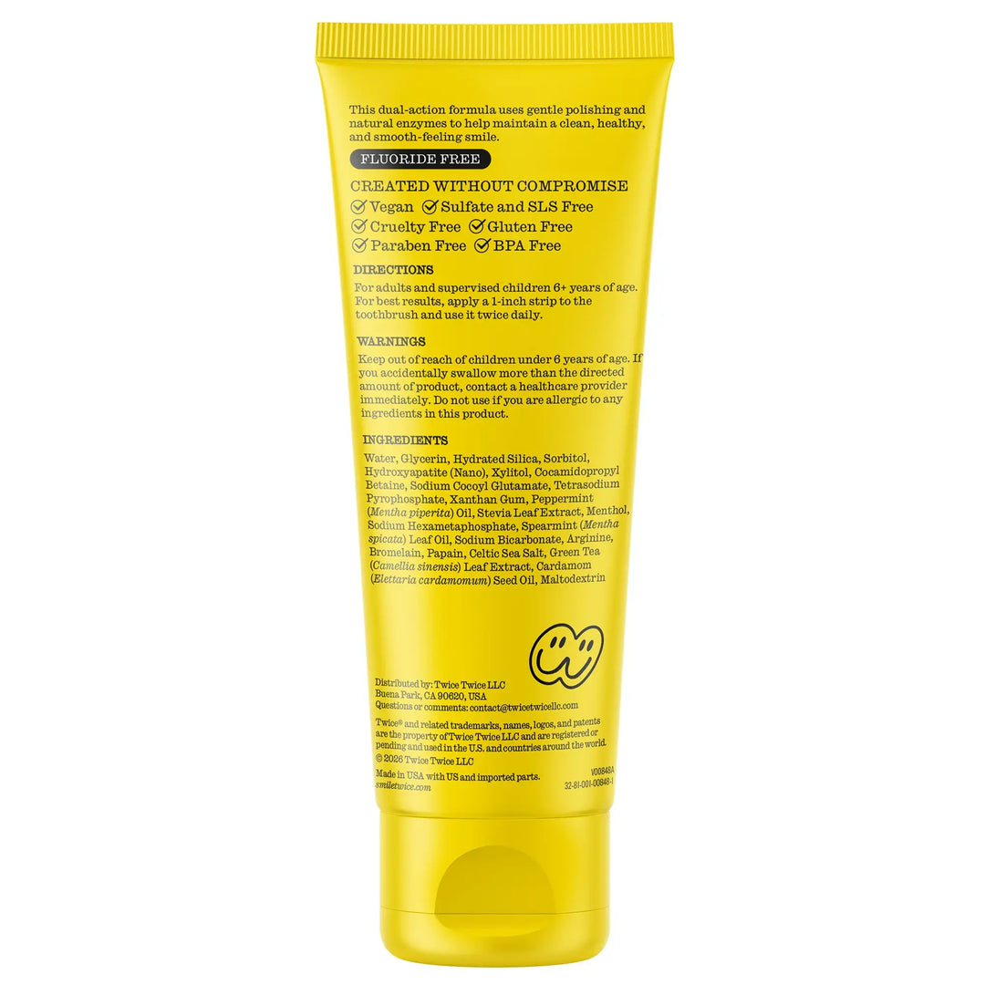 Twice Happy Mint toothpaste back panel — fluoride free, peroxide free, vegan, no artificial dyes