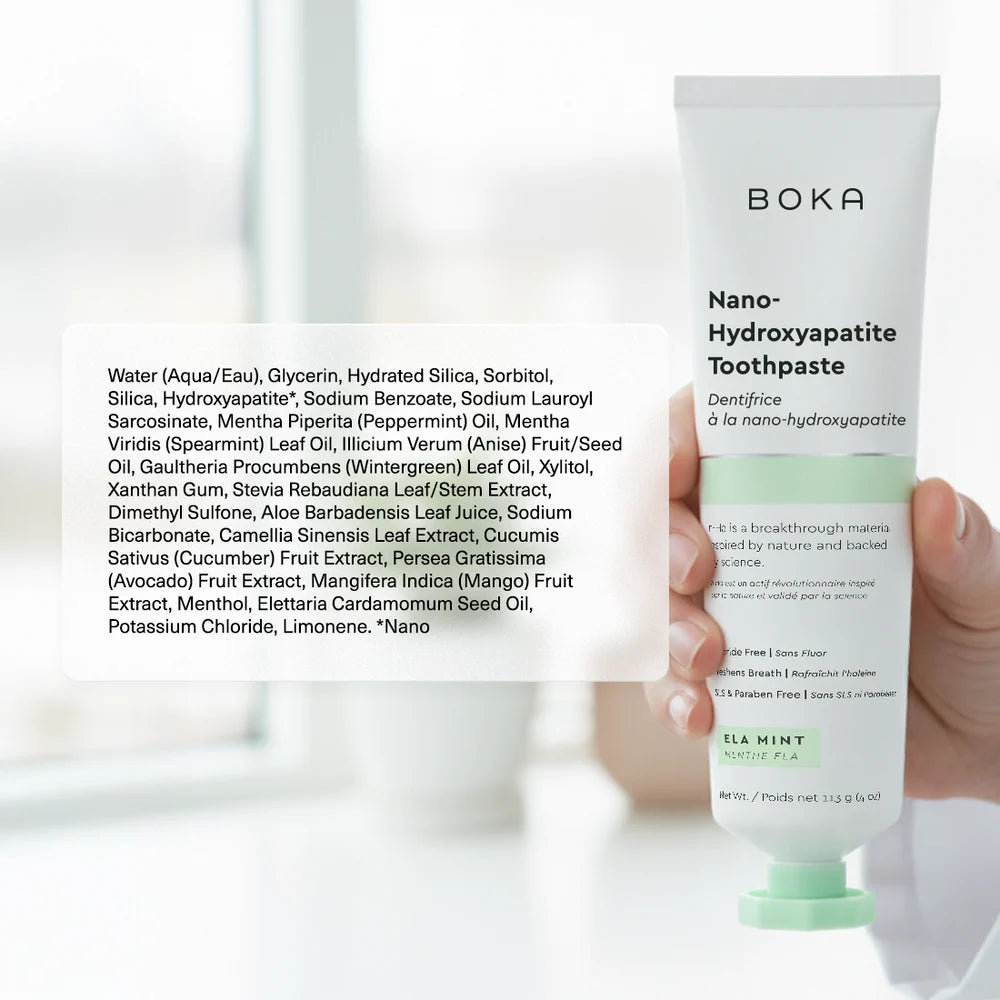 A hand holds a white tube of Boka Nano-Hydraapatite Toothpaste next to a small green cap, with a white background and a list of ingredients on the left.