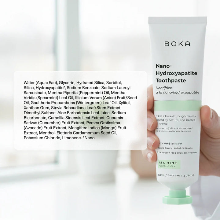 A hand holds a white tube of Boka Nano-Hydraapatite Toothpaste next to a small green cap, with a white background and a list of ingredients on the left.