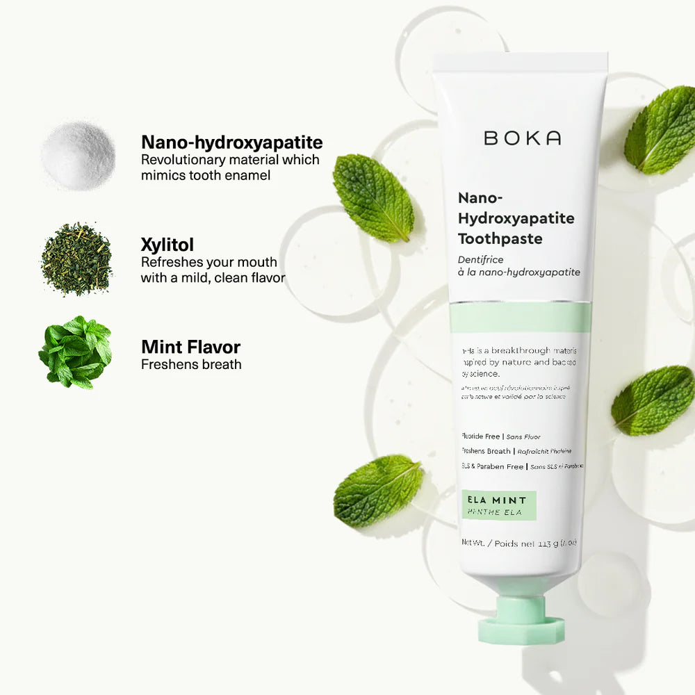 Boka Nano-Hydroxyapatite Toothpaste with mint leaves and product details on a white background