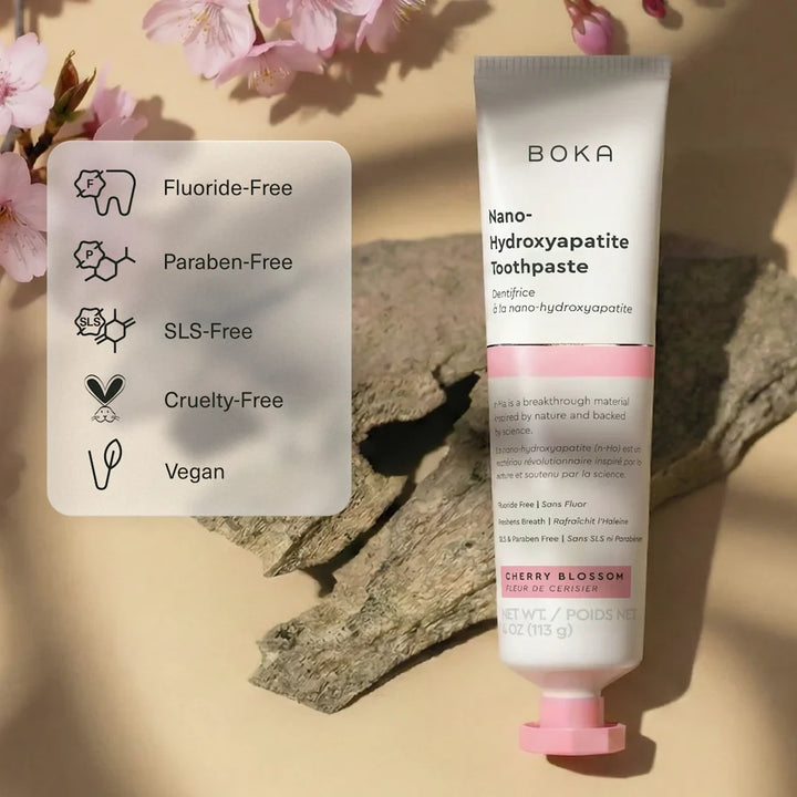 Boka Cherry Blossom toothpaste beside icons for fluoride-free, paraben-free, SLS-free, cruelty-free and vegan