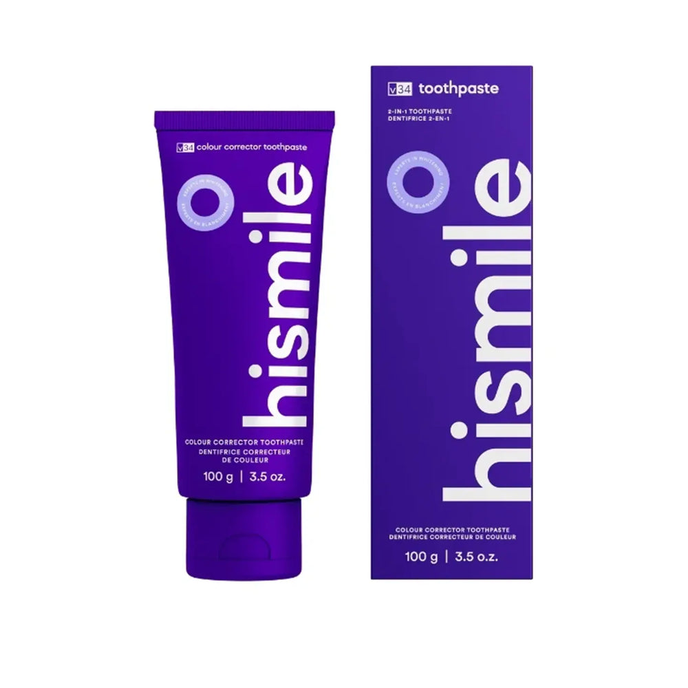 Hismile toothpaste tube and packaging on a white background